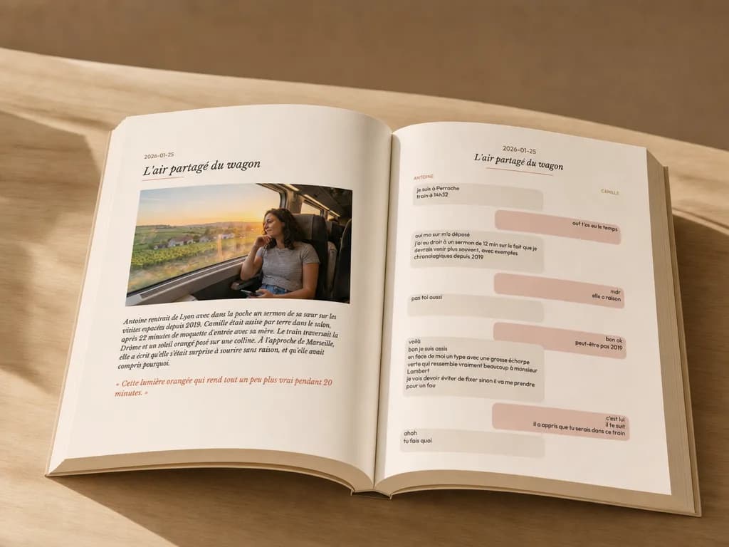 L'intérieur d'un livre Foliry : vos conversations devenues récit chapitré, imprimé sur papier premium.