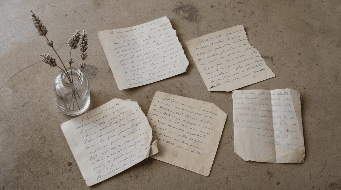 Cahier ouvert sur une table en bois clair, papier crème, ambiance feutrée