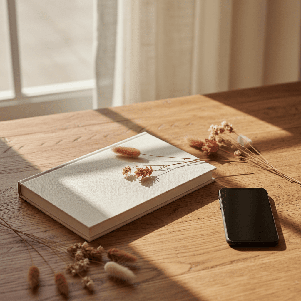 Album de couple ouvert sur une table en bois, palette terracotta, papier crème