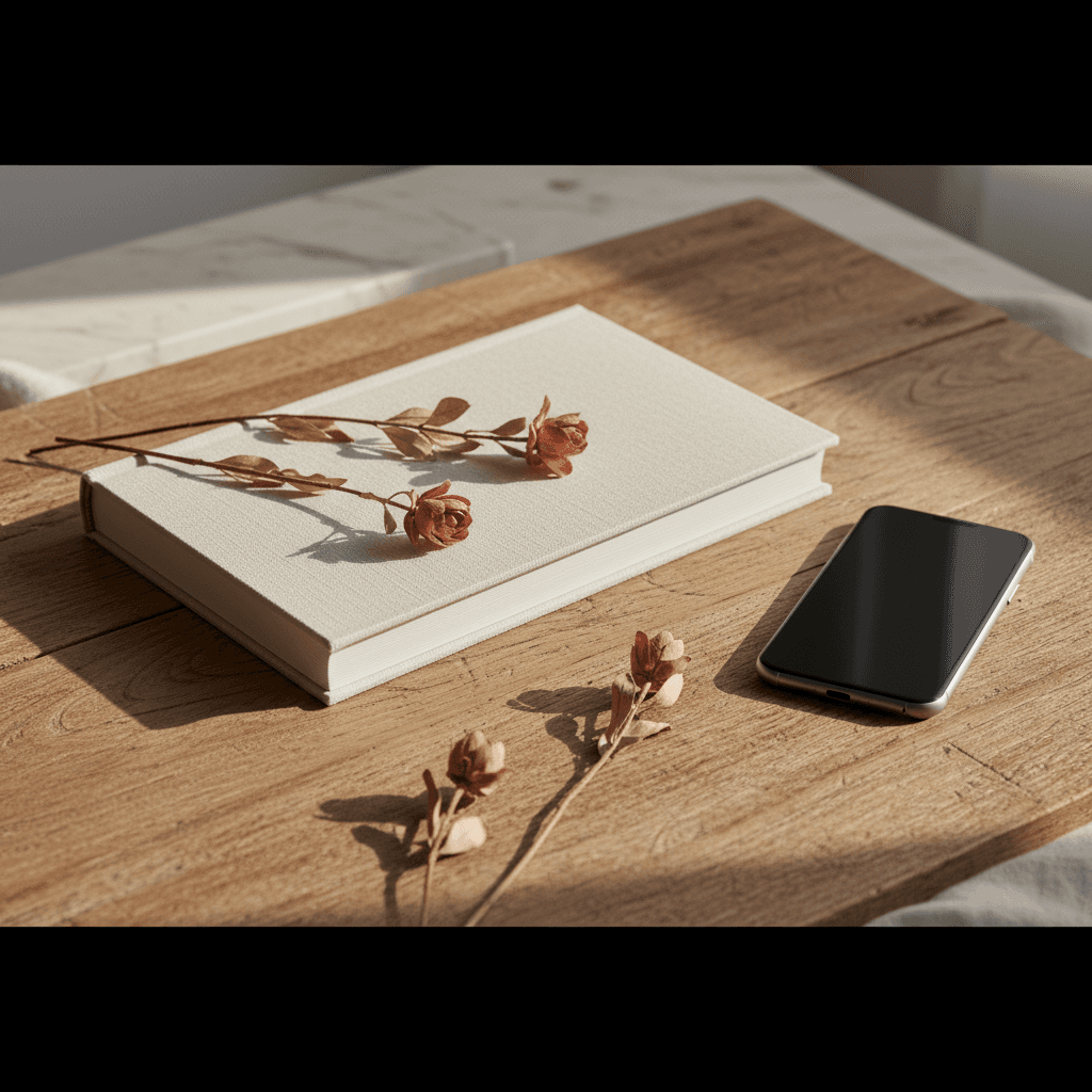 Album relié ouvert sur une table en bois clair, pages crème avec bulles de messages Instagram imprimées