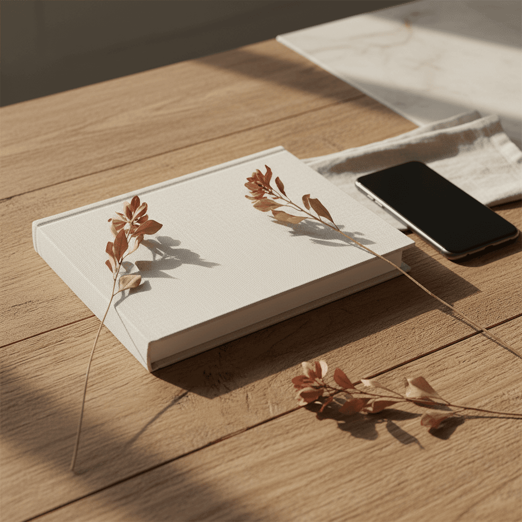 Album relié ouvert sur une table en bois clair, pages crème, bulles de conversation et photo d'un couple