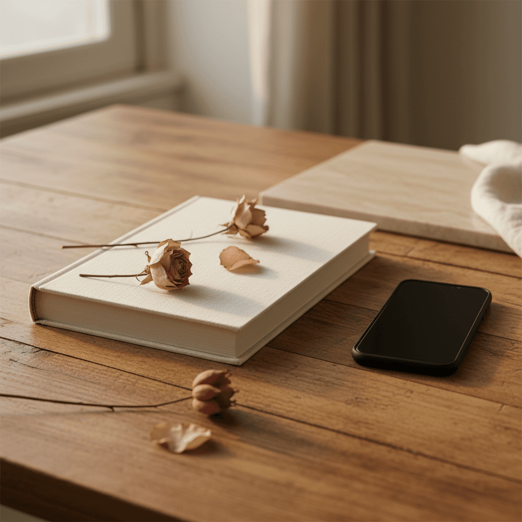 Smartphone avec une conversation WhatsApp ouverte à côté d'un livre relié ouvert sur une table