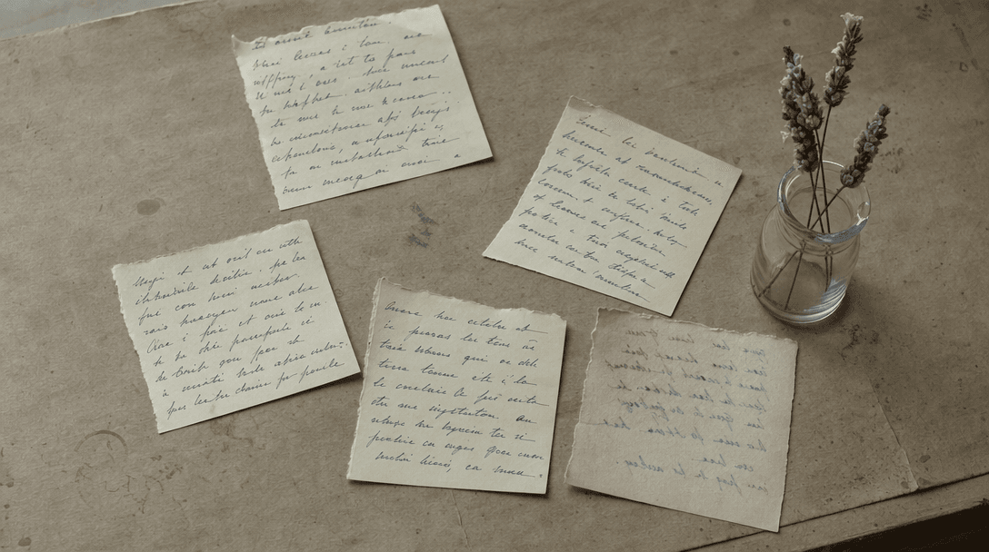 Cahier ouvert sur une table en bois clair, papier crème, ambiance feutrée