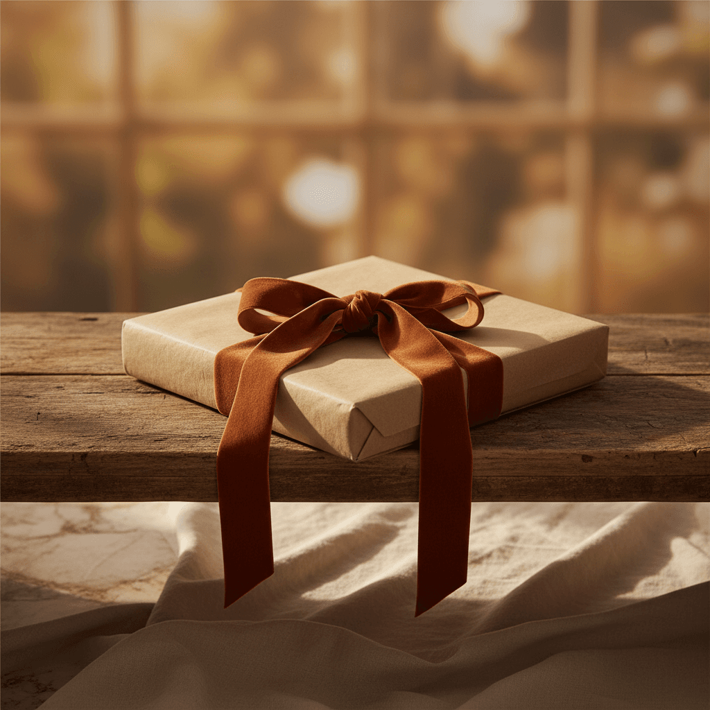Femme souriante tenant un cadeau emballé dans du papier kraft avec un ruban doré, lumière naturelle