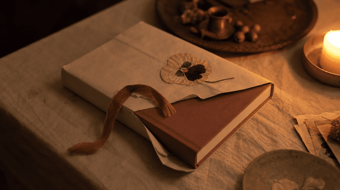 Paquet cadeau enrubanné posé sur un bureau en bois clair, papier kraft