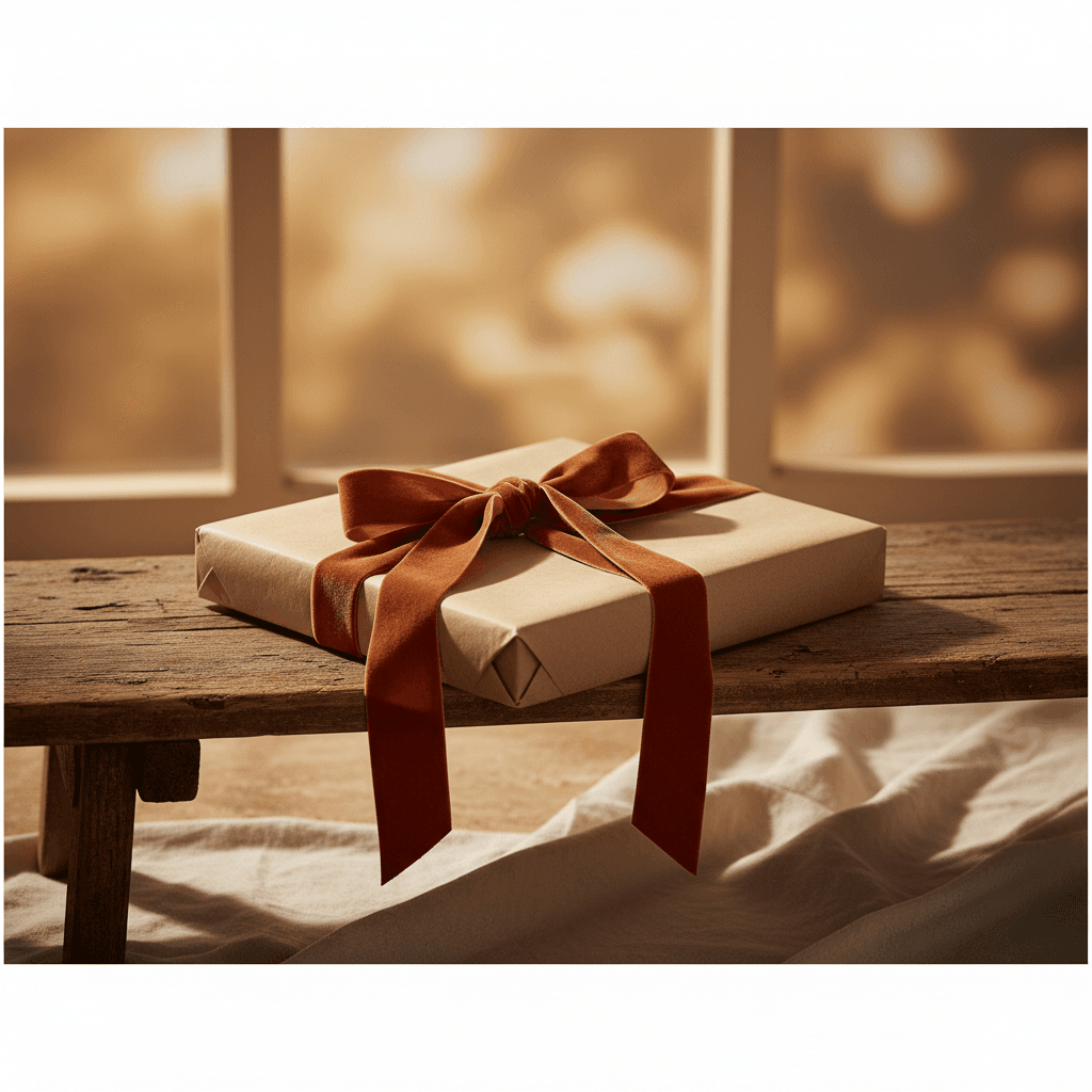 Livre relié posé sur un bureau avec une tasse de café, ambiance chaleureuse pour un cadeau longue distance