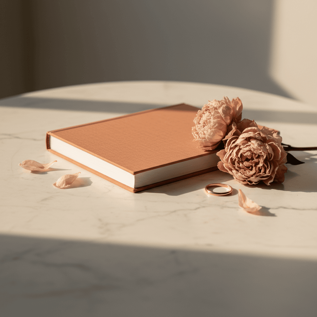 Deux coupes de champagne et un livre relié sur une table dressée, lumière chaude, ambiance fête