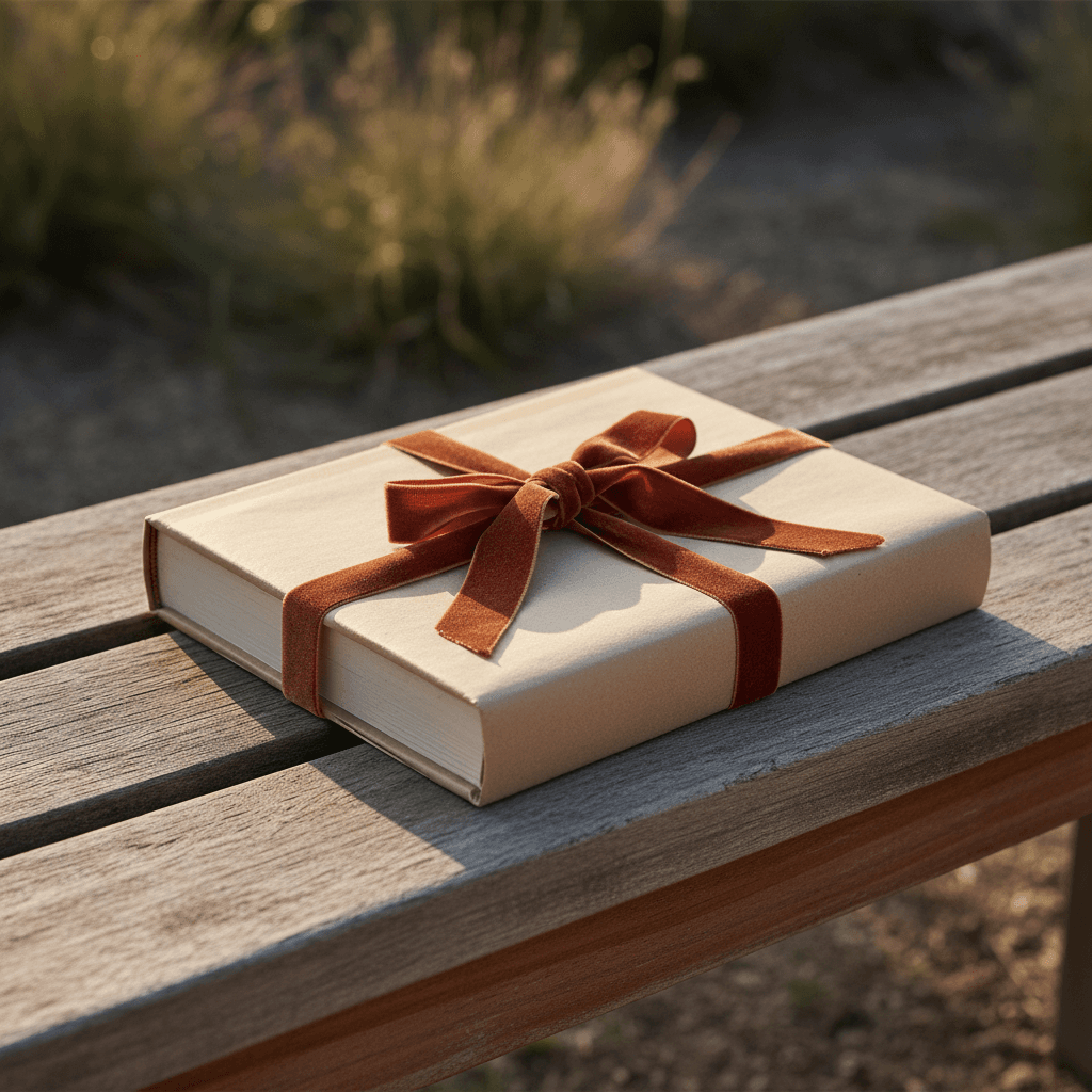 Paquet cadeau élégant emballé dans du papier kraft avec un ruban terracotta, fond blanc chaleureux