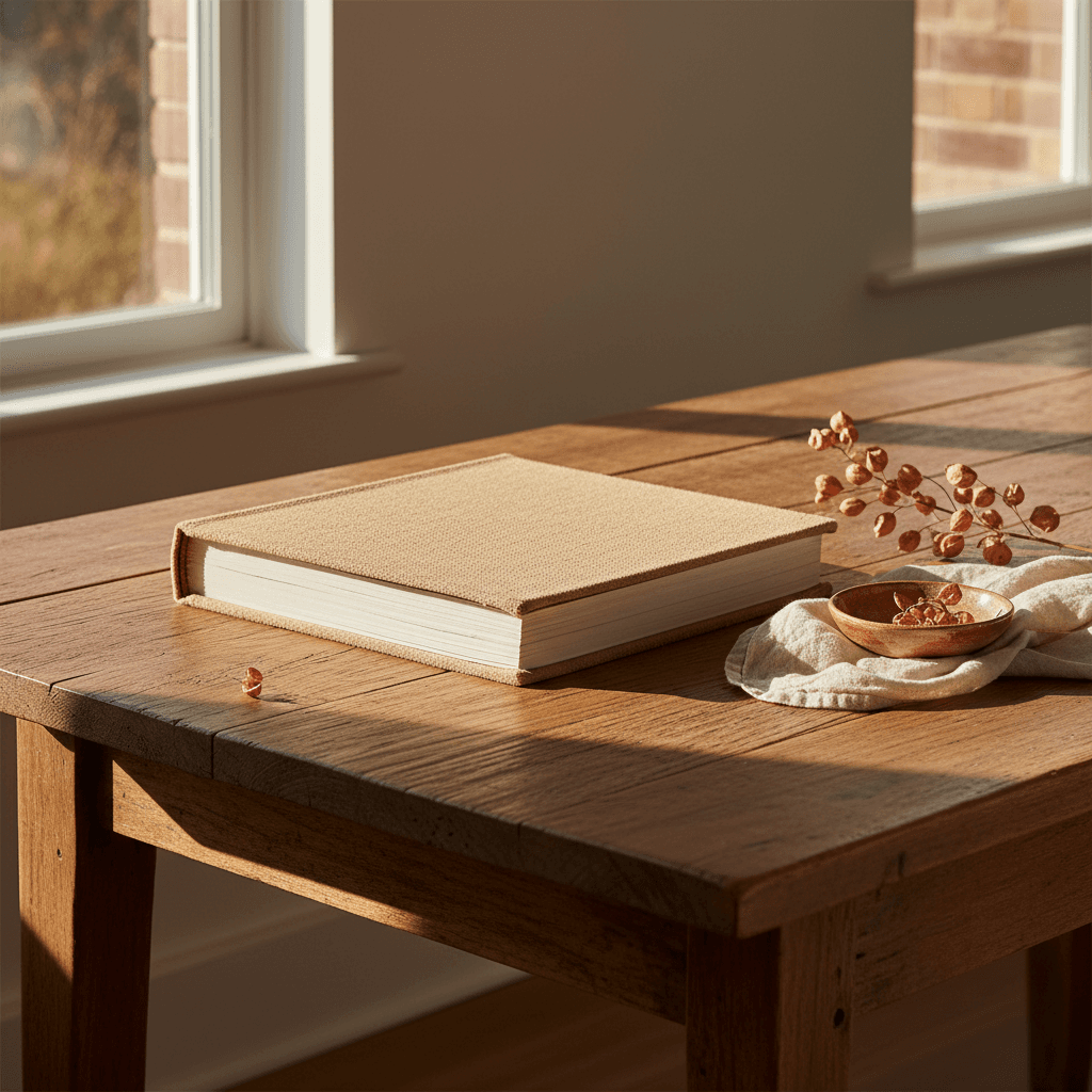 Livre relié posé sur une table de salle à manger en bois, lumière chaude et ambiance familiale