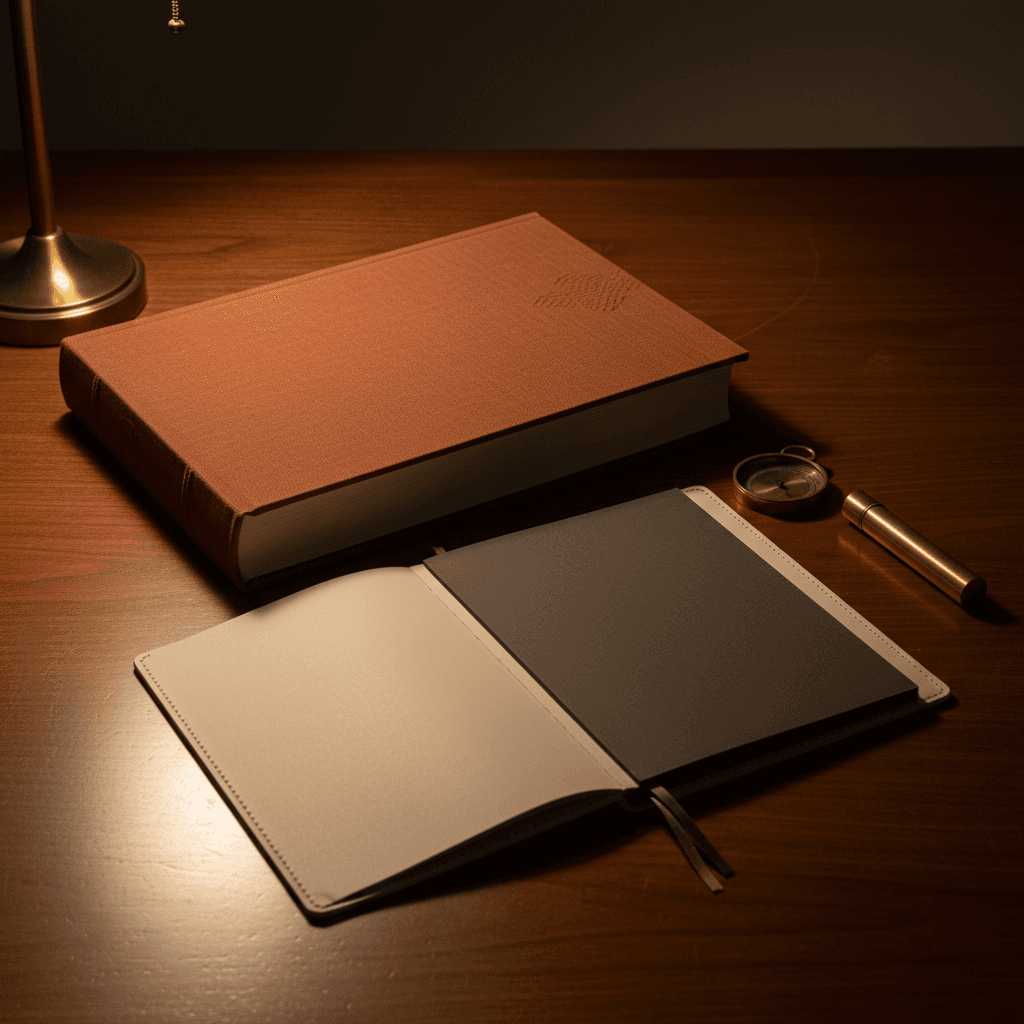 Livre relié terracotta posé sur un bureau en bois, lumière chaude et masculine