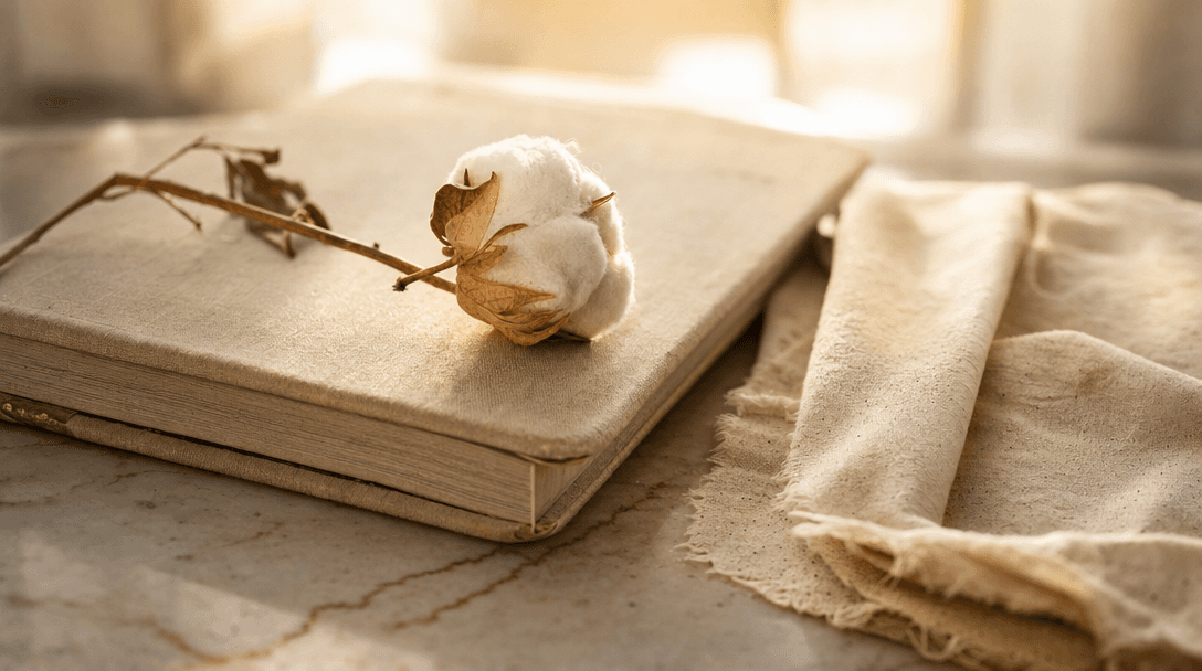 Cahier ouvert sur une table en bois clair, papier crème, ambiance feutrée