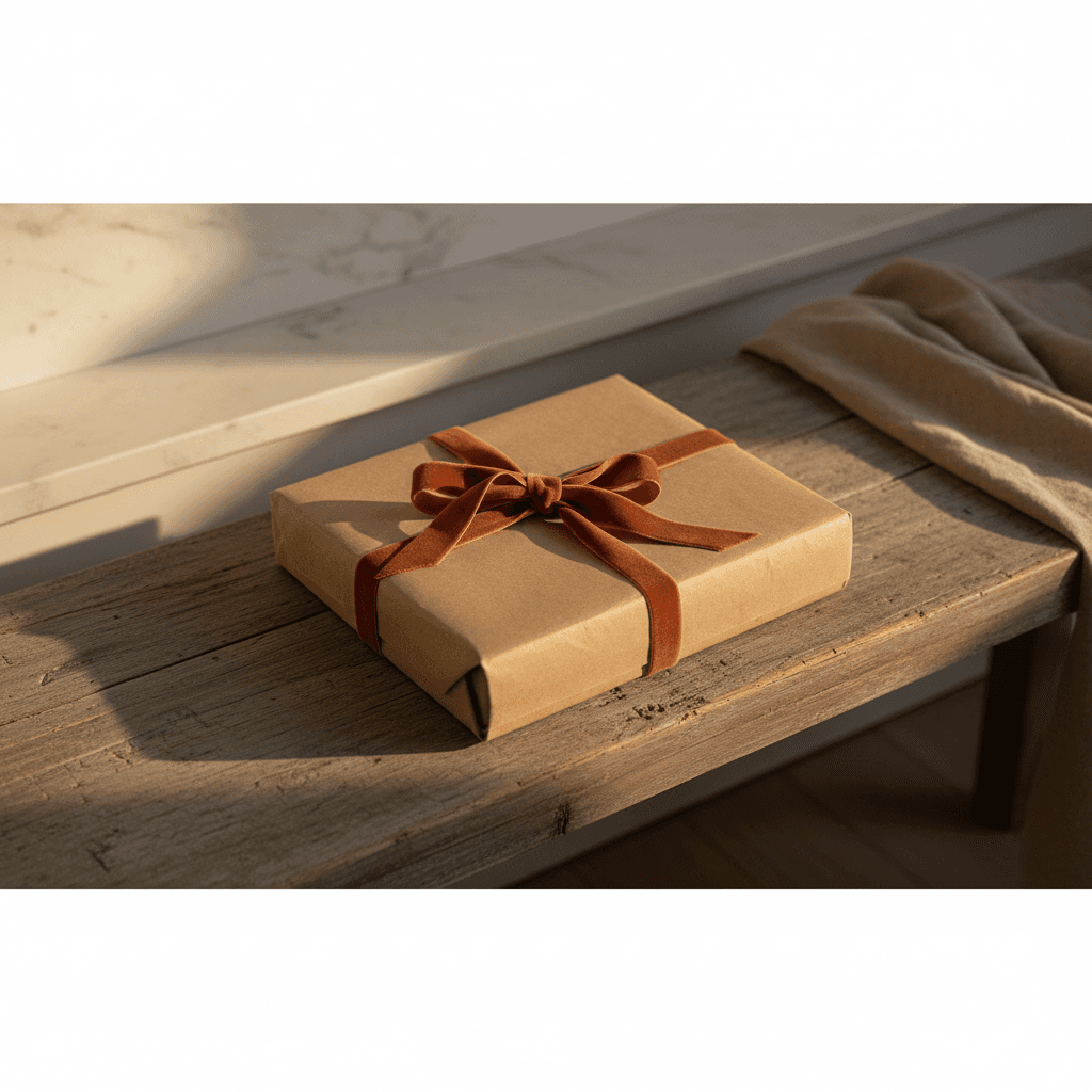 Livre relié et petite boîte cadeau décorée posés sur un tissu blanc, ambiance baptême élégante