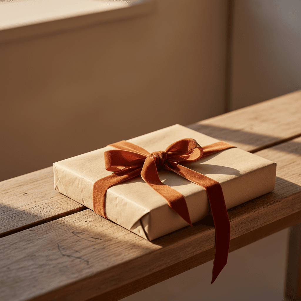 Salon moderne avec une plante verte au premier plan, une bougie allumée et un livre relié posé sur la table basse