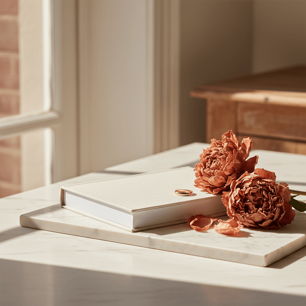 Livre relié posé sur une table en bois, lumière douce, ambiance feutrée