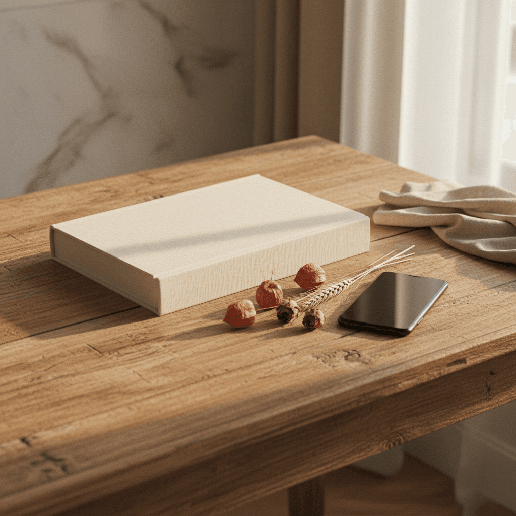 Livre relié posé sur une table en bois clair, lumière douce du matin, ambiance feutrée