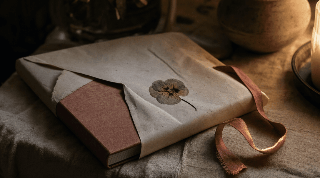 Cahier ouvert sur une table en bois clair, papier crème, ambiance feutrée