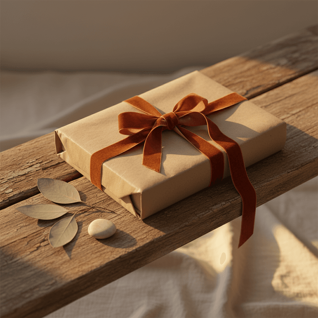 Livre relié posé sur une table en bois clair, lumière douce, ambiance feutrée d'intérieur