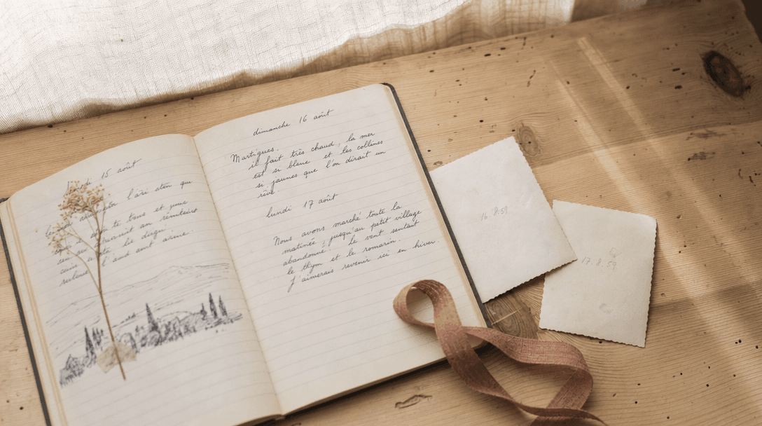 Cahier ouvert sur une table en bois clair, papier crème, ambiance feutrée