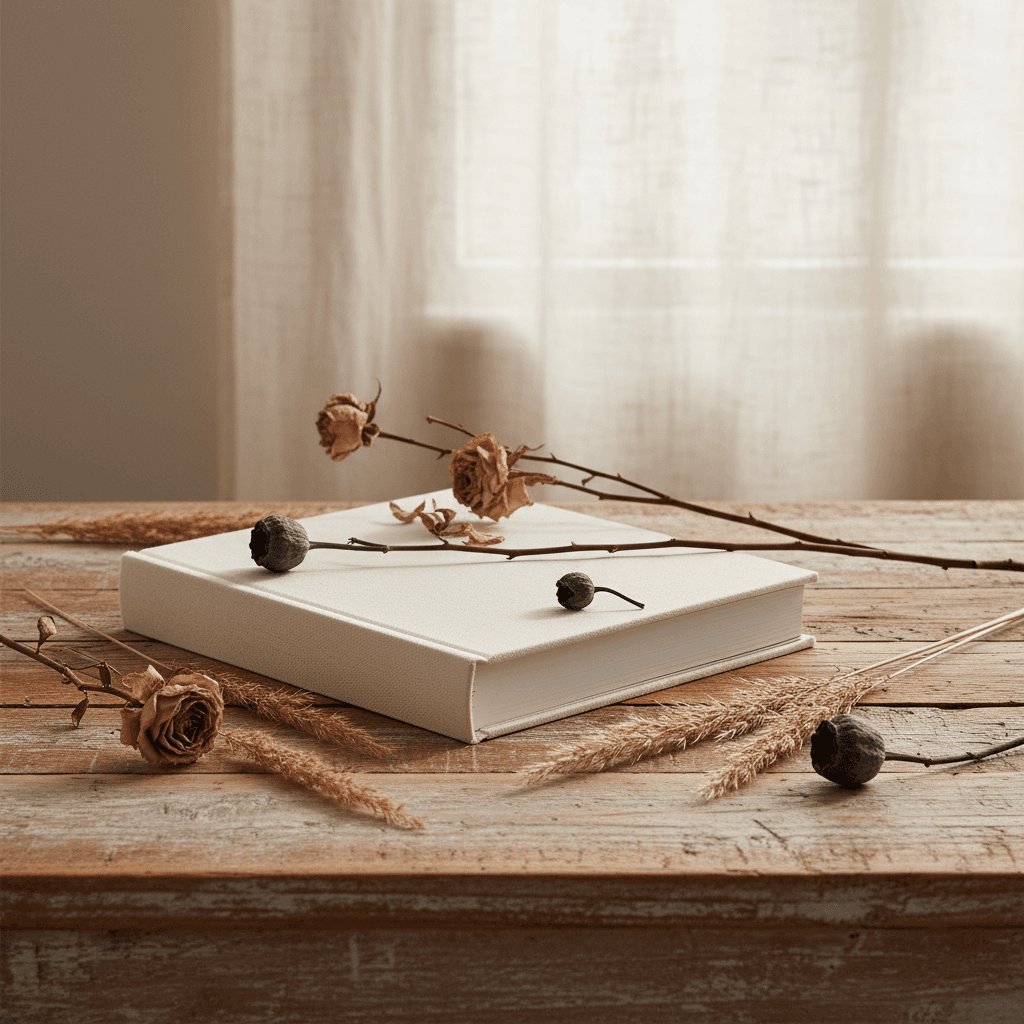 Livre relié ouvert sur une table, pages denses de texte et petites photos, lumière naturelle