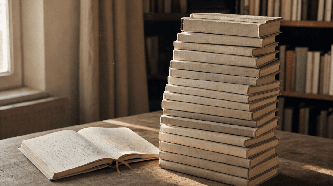 Cahier ouvert sur une table en bois clair, papier crème, ambiance feutrée