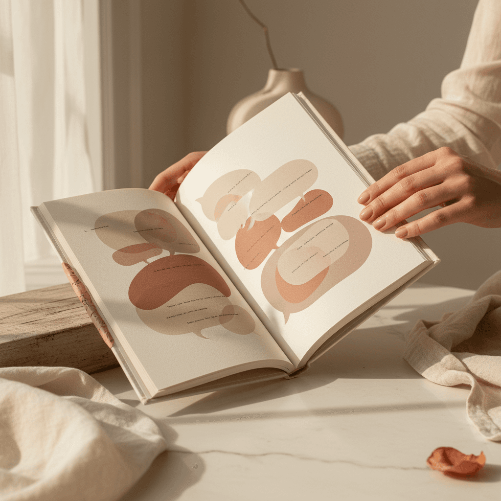 Mains tenant un livre relié ouvert sur une mise en page typographique élégante avec messages stylisés — Foliry