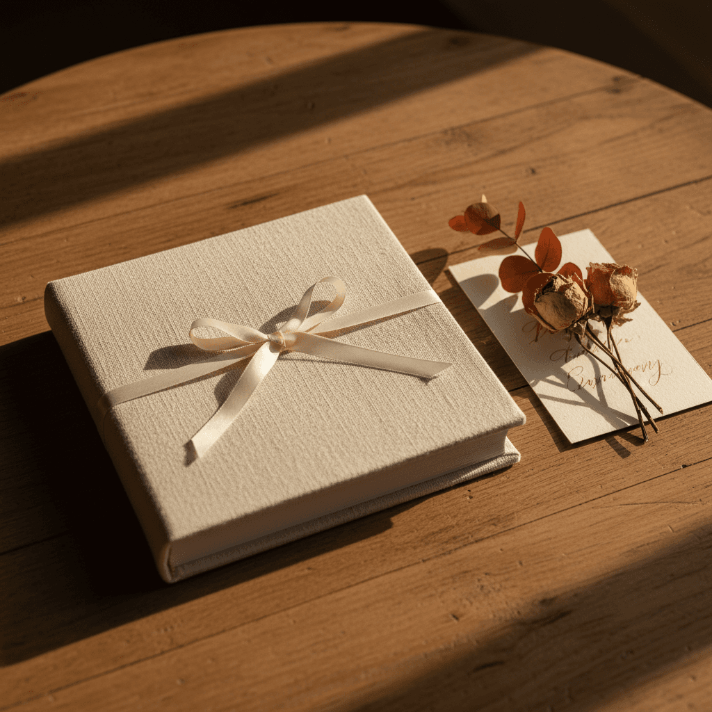 Livre relié noué d’un ruban crème sur une table en bois — ambiance célébration