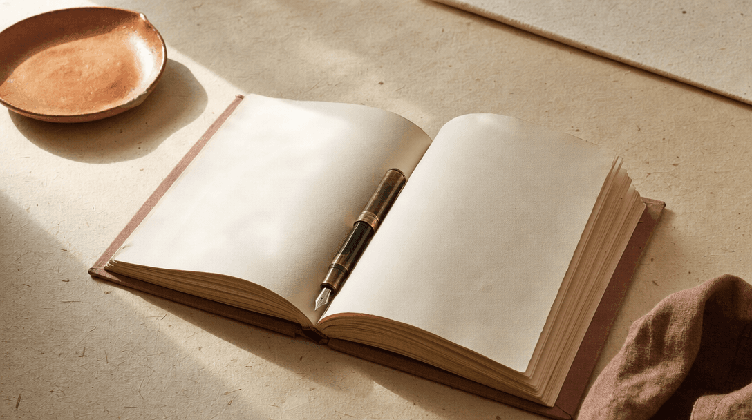 Cahier ouvert sur une table en bois clair, papier crème, ambiance feutrée