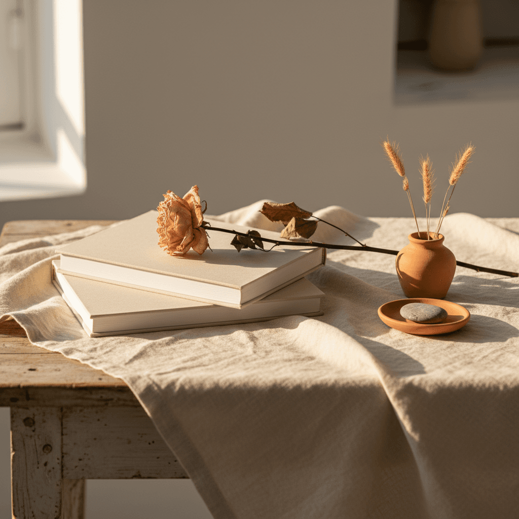 Livre relié posé sur une table en bois clair, lumière douce, ambiance papier et encre