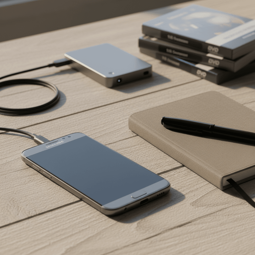 Samsung Galaxy tenu en main, écran allumé sur une application de messagerie — procédure d'export WhatsApp