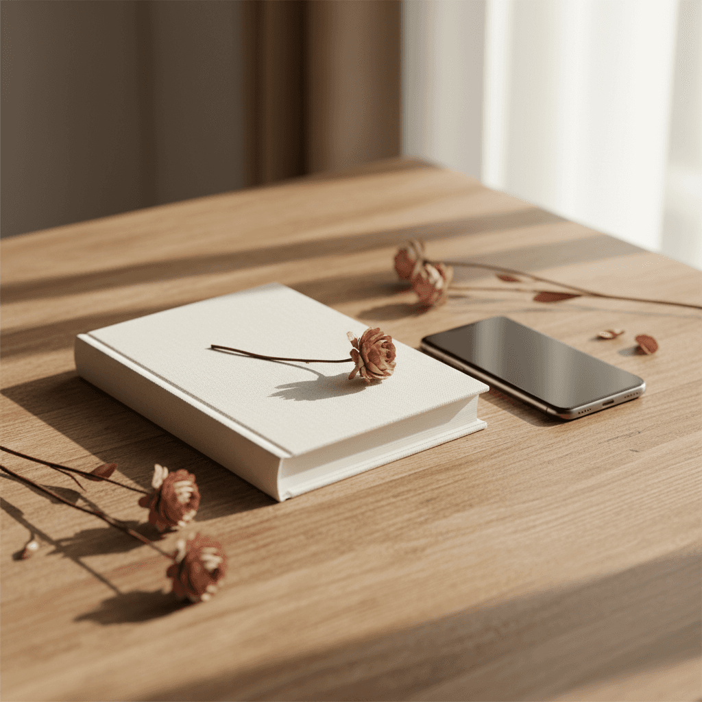 Téléphone posé sur un bureau, écran affichant une liste de messages texte — lumière de bureau douce