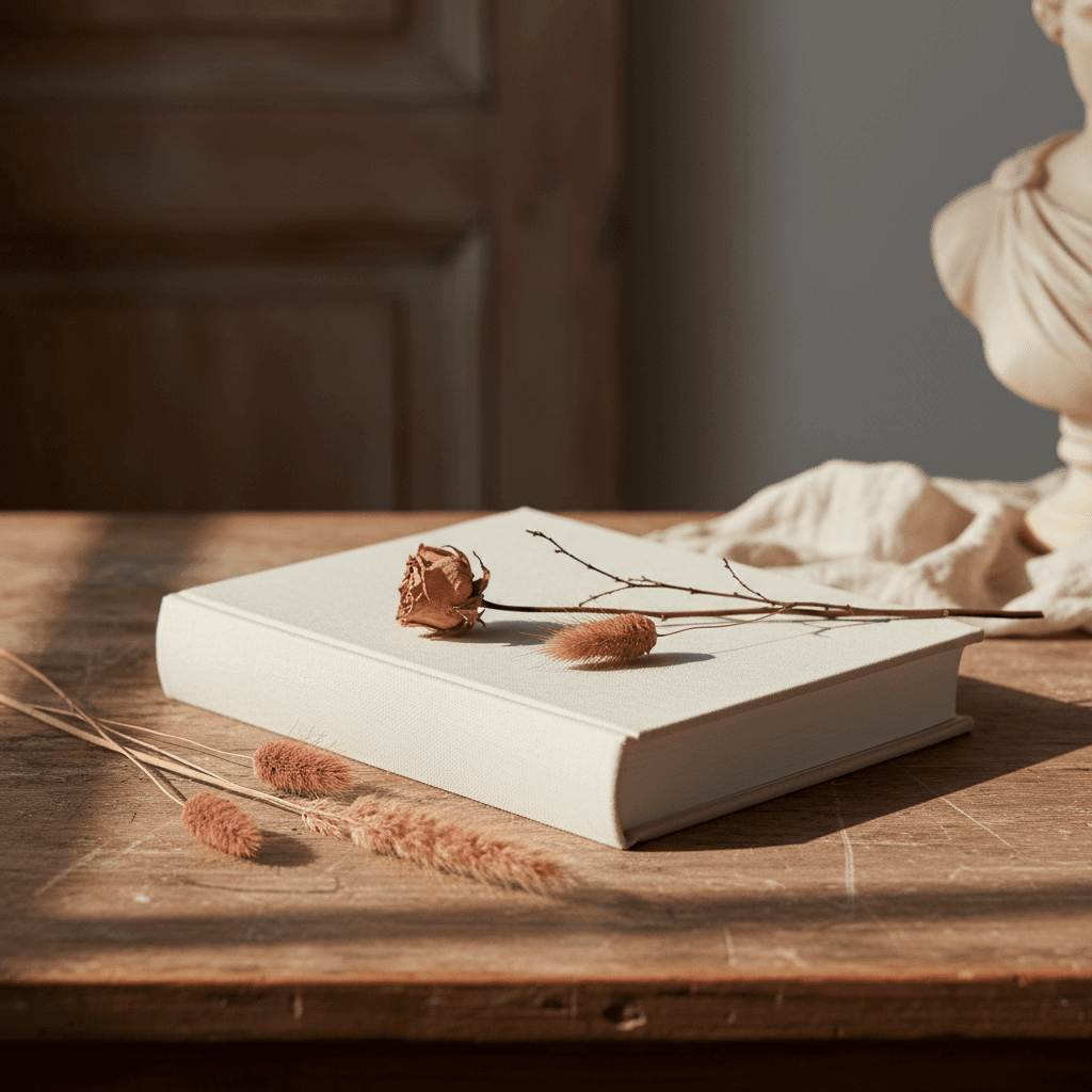 Livre relié posé sur un bureau en bois, papier crème, lumière éditoriale