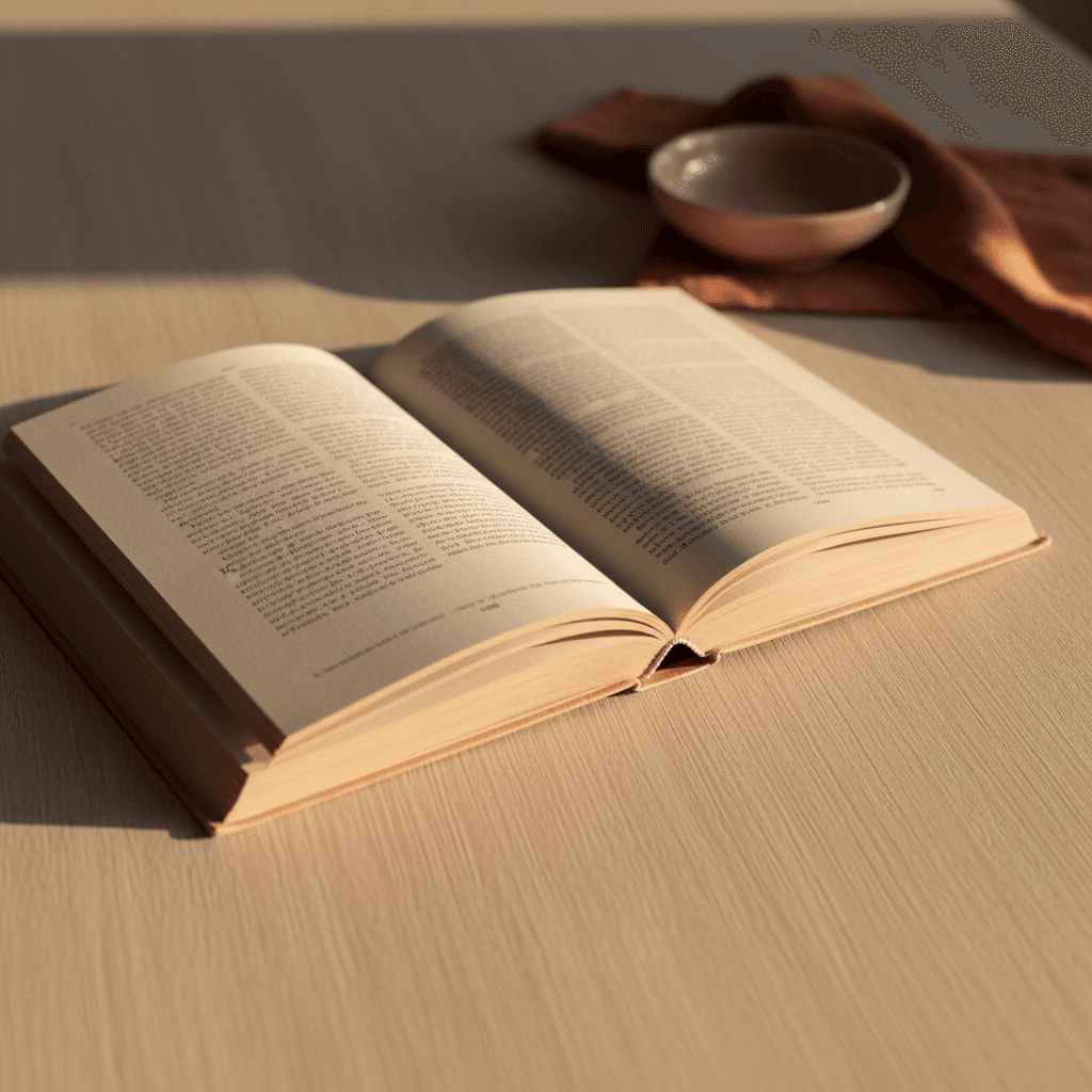 Livre relié posé sur un bureau en bois, papier crème, lumière éditoriale