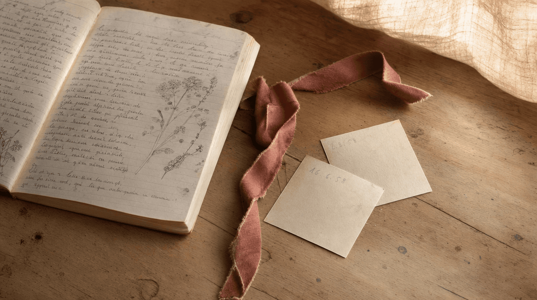 Cahier ouvert sur une table en bois clair, papier crème, ambiance feutrée