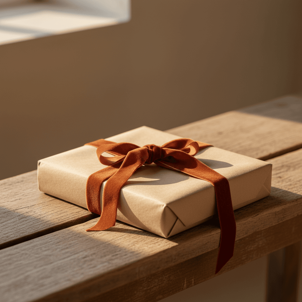 Femme souriante tenant un livre relié, lumière chaleureuse, ambiance sereine