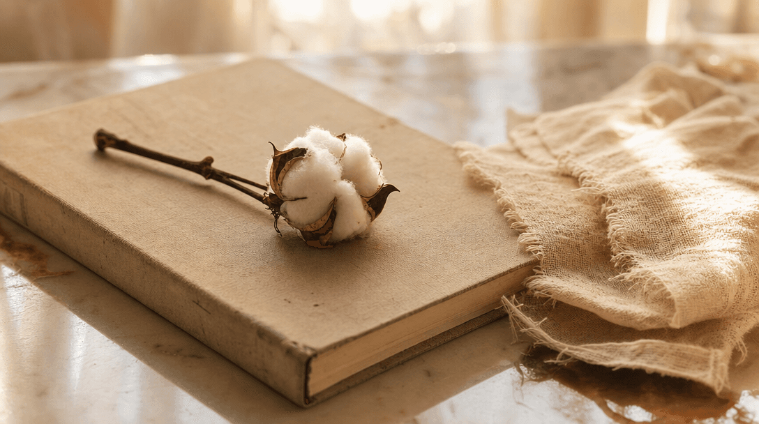 Cahier ouvert sur une table en bois clair, papier crème, ambiance feutrée