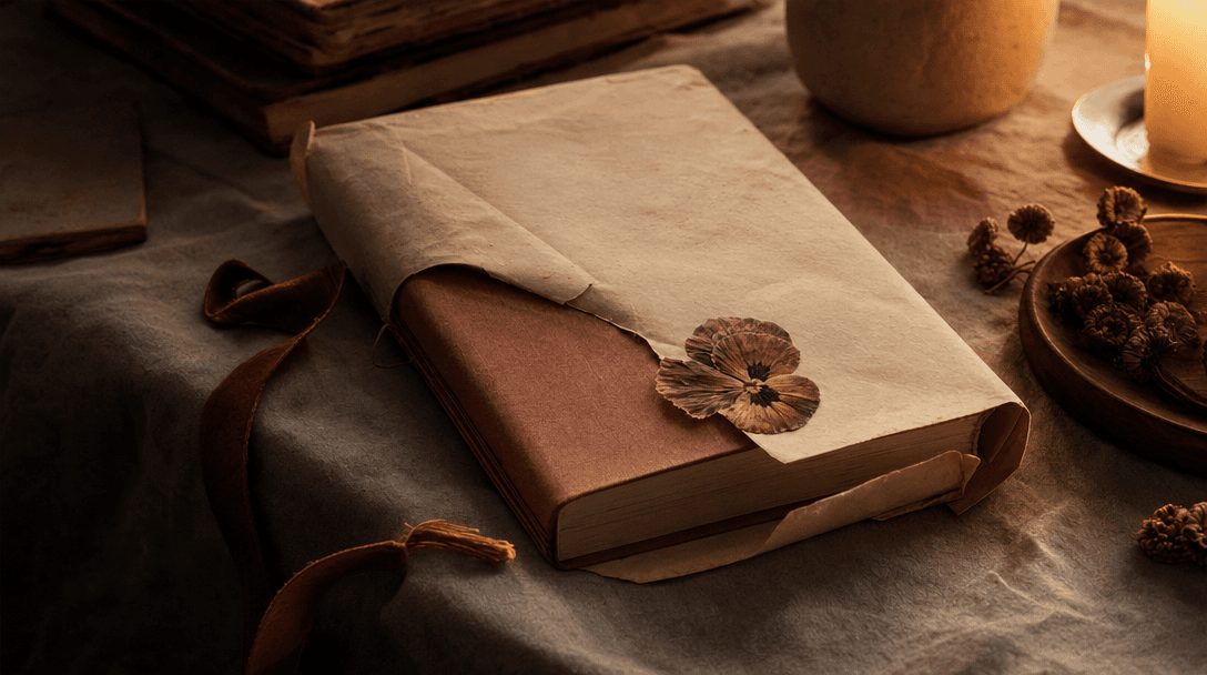 Cahier ouvert sur une table en bois clair, papier crème, ambiance feutrée