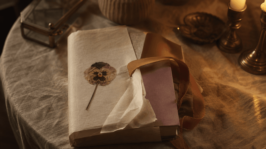 Cahier ouvert sur une table en bois clair, papier crème, ambiance feutrée