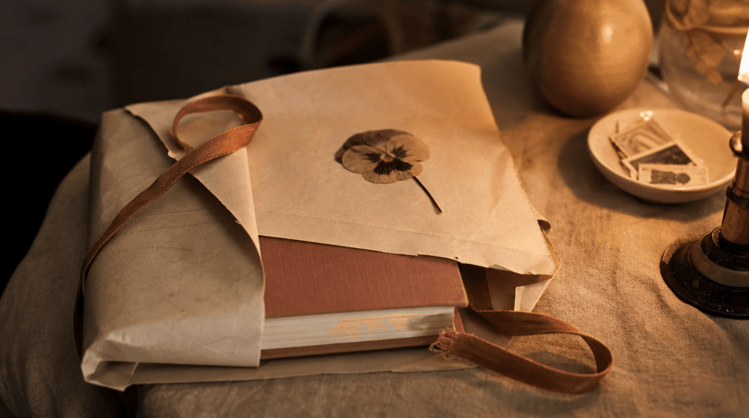 Cahier ouvert sur une table en bois clair, papier crème, ambiance feutrée