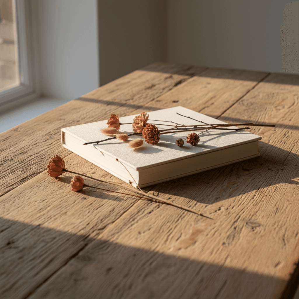 Livre relié bleu marine ouvert sur une table de famille en bois, avec des photos posées à côté