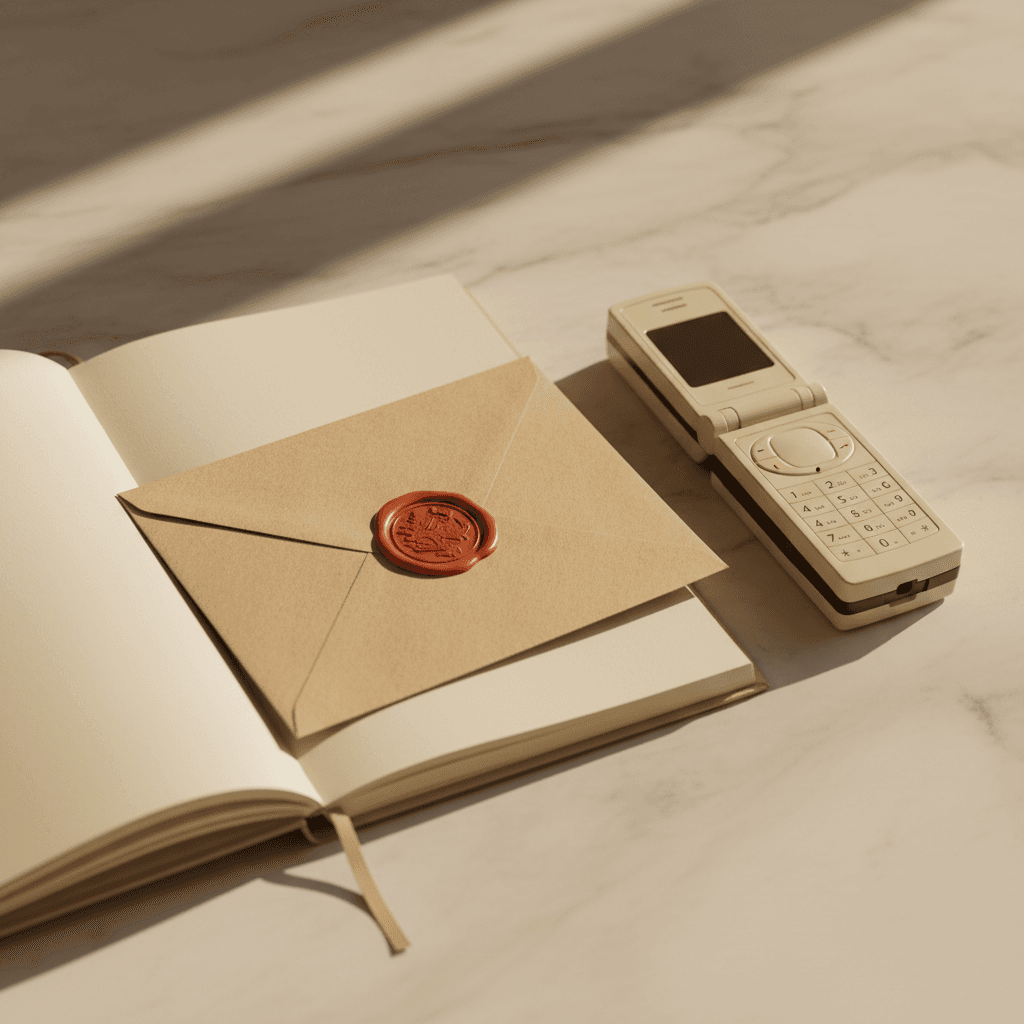 Livre relié fermé posé à côté d'un iPhone sur une table en bois, lumière naturelle douce