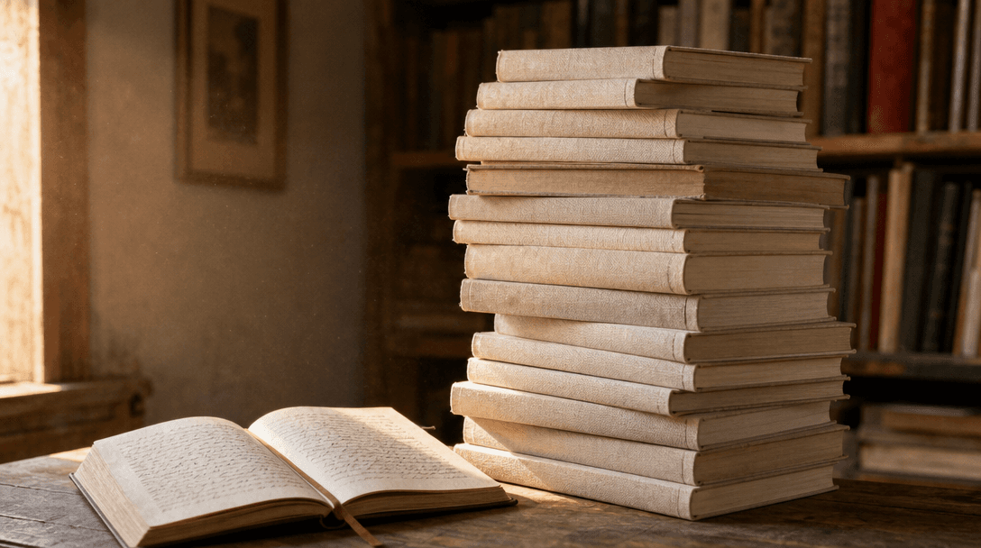Cahier ouvert sur une table en bois clair, papier crème, ambiance feutrée