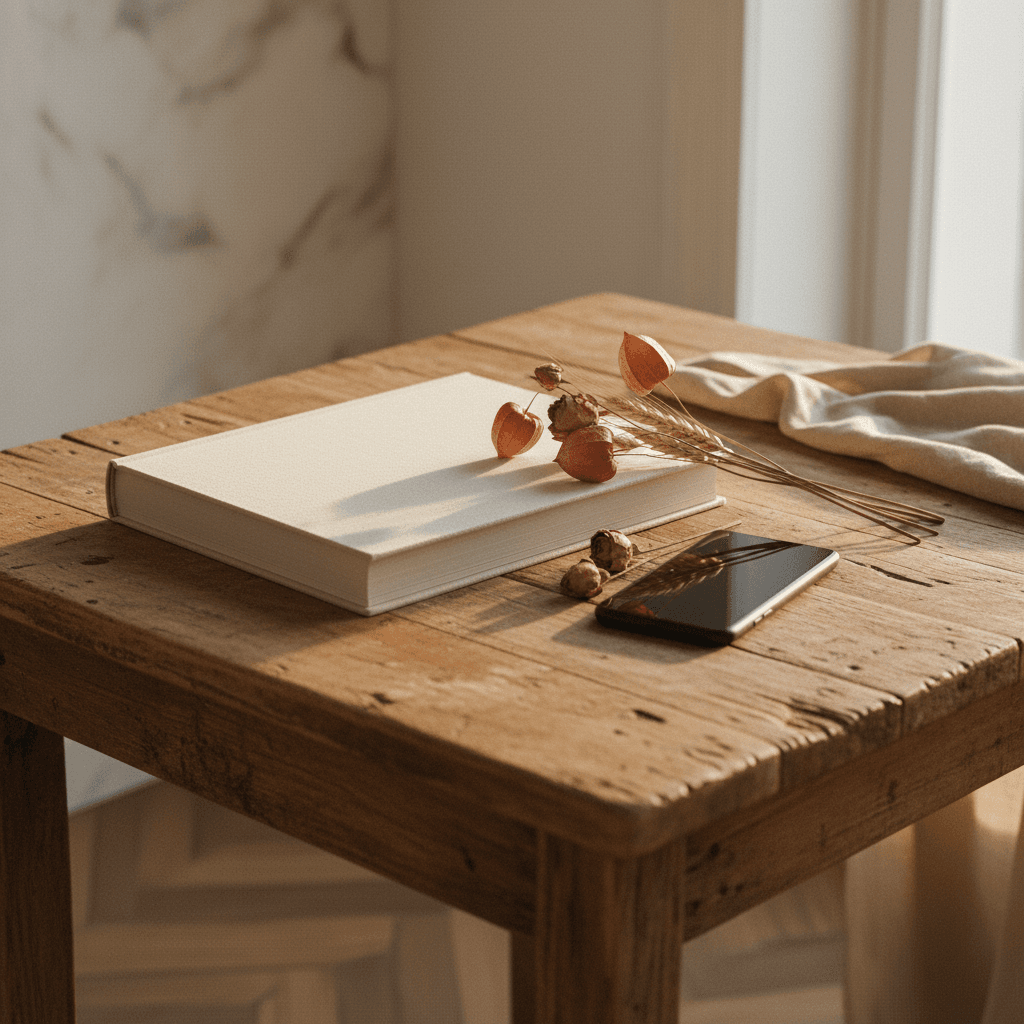 Livre ouvert sur une table en bois clair, pages crème, ambiance lumineuse et feutrée