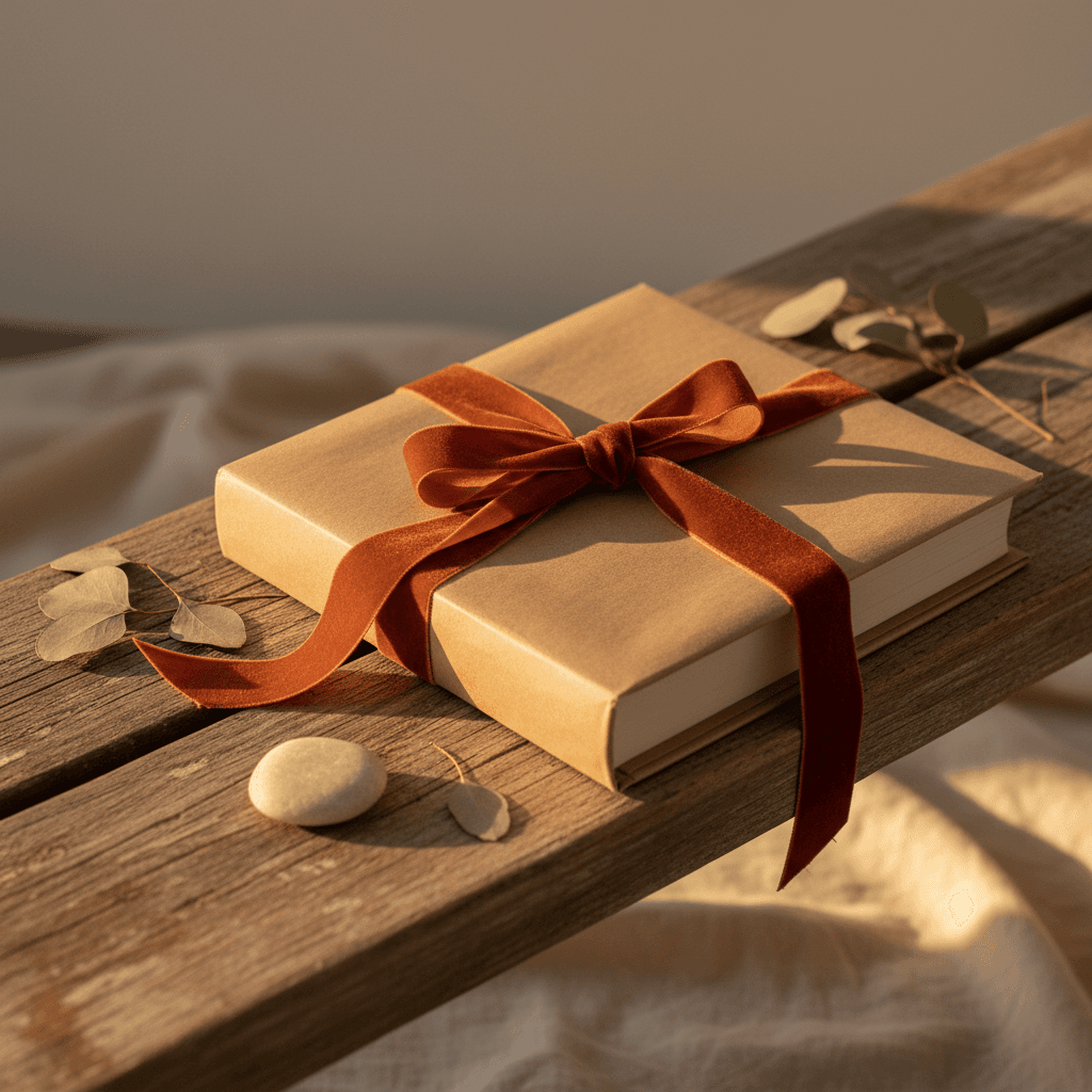 Livre relié posé sur une table en bois clair, lumière chaude, ambiance feutrée