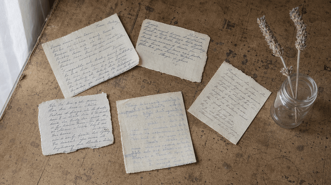 Cahier ouvert sur une table en bois clair, papier crème, ambiance feutrée