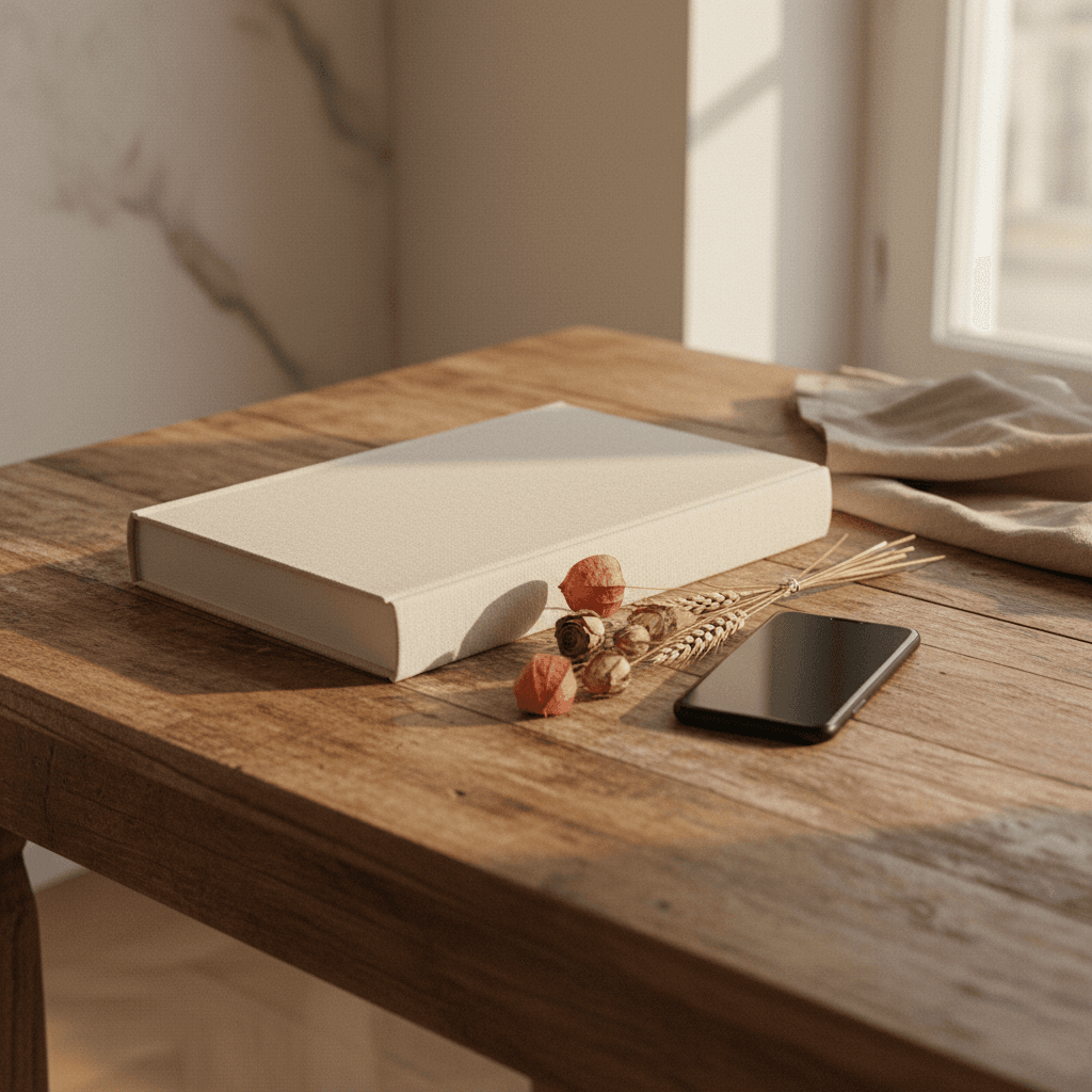Livre relié ouvert sur une table, avec captures de DM Instagram d'un couple en regard