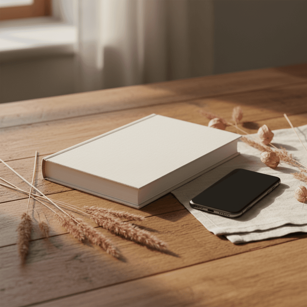 Livre relié ouvert sur une table en bois clair, papier crème, encre noire, ambiance feutrée