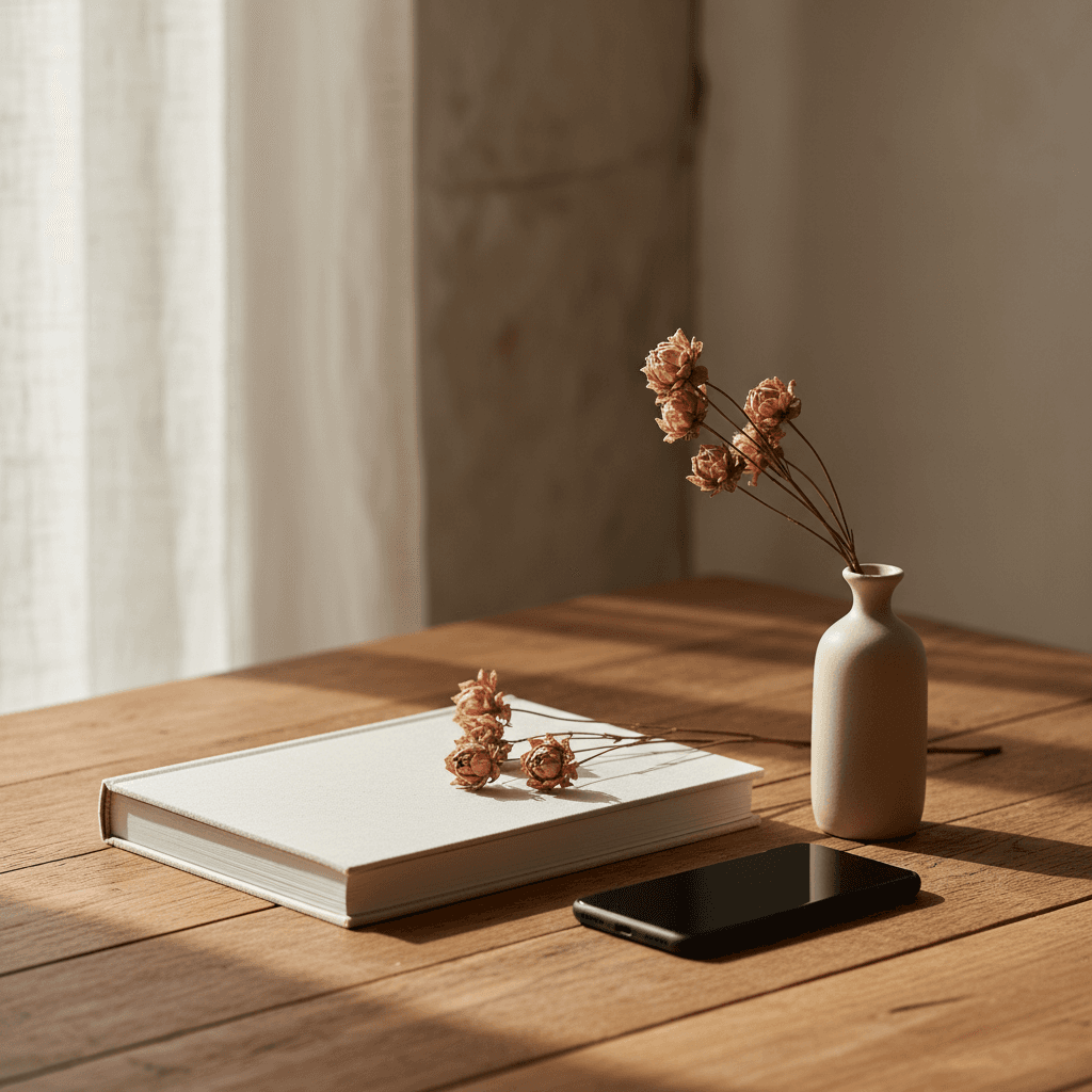 Beau livre relié couleur terracotta posé sur une table en bois, papier crème ouvert au milieu d'un chapitre