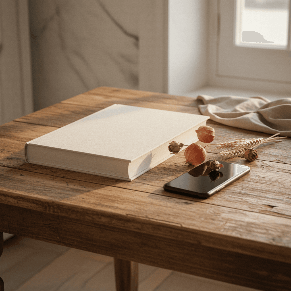 Livre relié ouvert sur une table en bois clair, photo de couple intégrée à une page chapitre, prénoms en titre