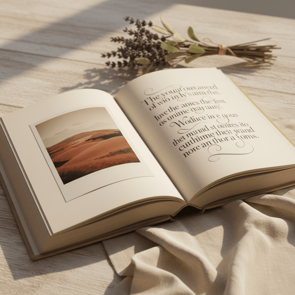 Livre ouvert sur double page combinant photo polaroid et texte typographique — format hybride messages + photos Foliry