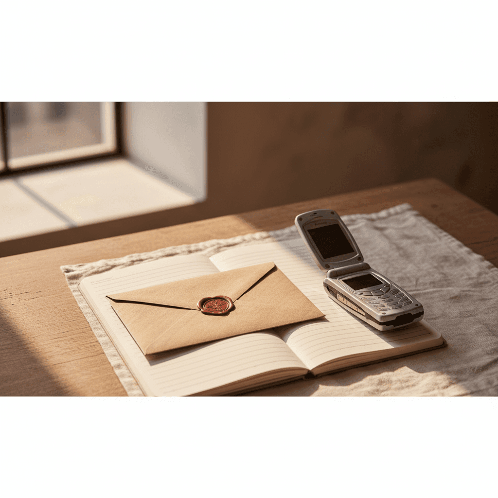 Enveloppe kraft scellée à la cire posée sur un cahier ouvert avec un téléphone à clapet vintage — ambiance nostalgie SMS d'amour